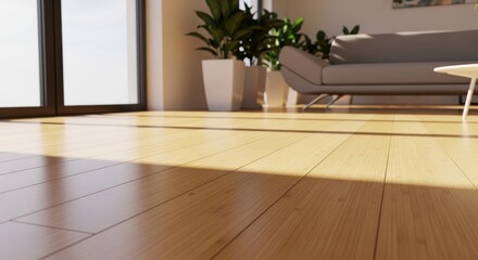 Photo of closeup view of a polished wooden floor with sunlight streaming through a window, creating warm patterns and highlighting the natural grain of the wood