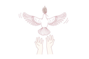Freedom and releasing good news concept. Human hands letting white pigeon with green leaf in beak go over blue sky background vector illustration