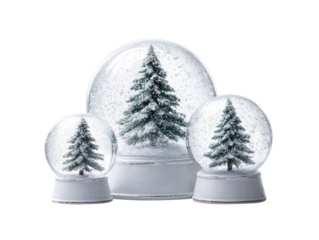 Snow globes with Christmas trees for holiday decoration on a transparent background, cut out