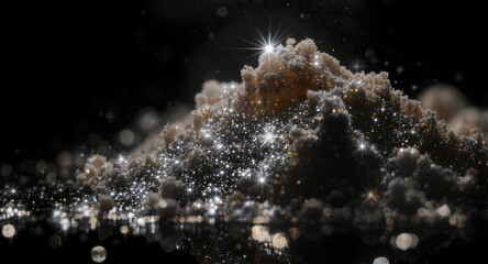 A majestic, textured mound of glittering particles, illuminated by radiating light sources, sits against a dark background