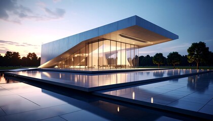 Modern Architecture Building with Reflection in Water at Sunset