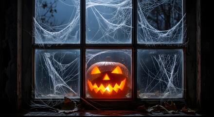 A glowing jack-o'-lantern sits on a cobweb-covered window sill at night, creating a spooky Halloween atmosphere.