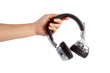 Two-tone silver and brown wireless headphones, Headphones and hand isolate on transparent background. Wireless headphones in brown.