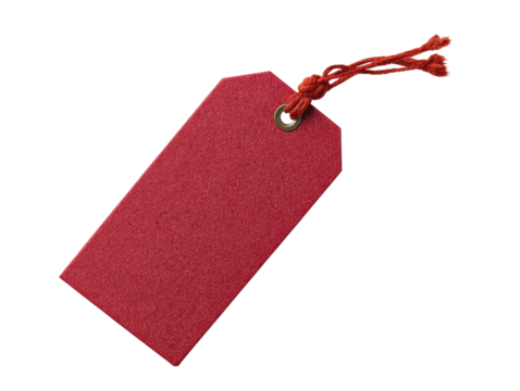 Red tag with twine for labeling and organizing items decor on a transparent background, cut out