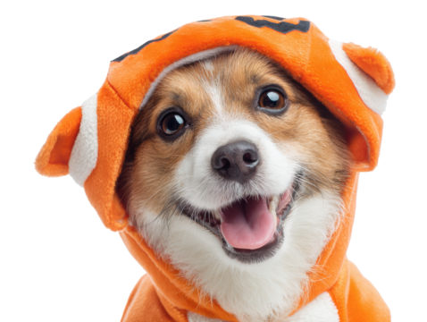 Happy dog wearing an orange costume during joyful moments on a transparent background, cut out