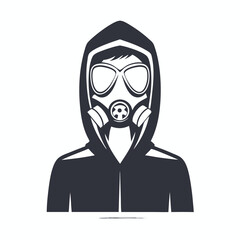 Man with gas mask and hood presents a stark monochrome silhouette