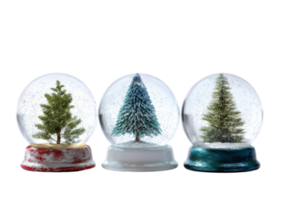 Festive snow globes with winter trees and holiday magic on a transparent background, cut out