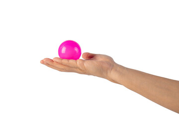 Pink plastic ball in hand, transparent background