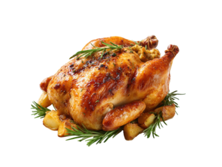 Delicious roasted chicken with herbs and baked vegetables for dinner on a transparent background, cut out