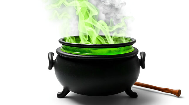Witches cauldron with green potion and steam isolated on white background - Powered by Adobe