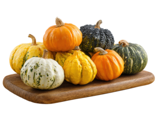 Colorful decorative gourds for autumn table arrangement purpose on a transparent background, cut out
