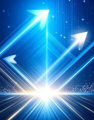 Abstract digital art of three bright arrows pointing upwards from a central point, a dazzling blue and white color scheme, implying progress or ascension
