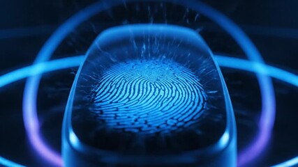 Futuristic biometric fingerprint scanner glowing with blue light, symbolizing digital identity and security technology. - Powered by Adobe
