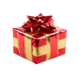 Festive gift box with red and gold wrapping for celebrations on a transparent background, cut out