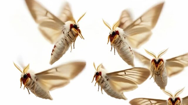 Several moths flying in a group against a bright white background