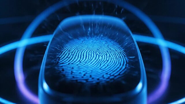 Futuristic biometric fingerprint scanner glowing with blue light, symbolizing digital identity and security technology. - Powered by Adobe