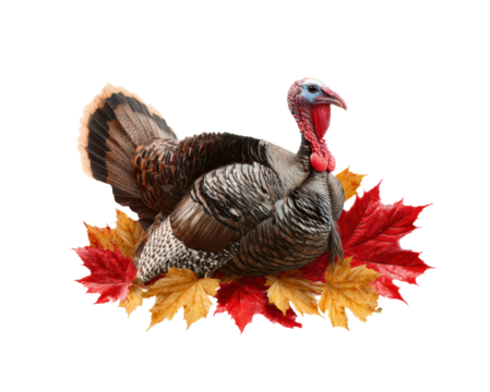 Decorative turkey with autumn leaves for Thanksgiving celebration on a transparent background, cut out