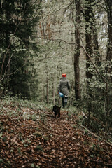 female mushroom picker in a red hat walks along a forest path, followed by a black cat with white paws.