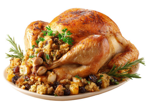 Herb garnished roast turkey with stuffing for holiday feast on a transparent background, cut out