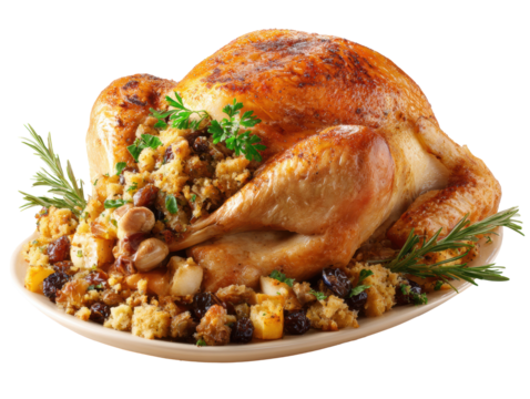Herb garnished roast turkey with stuffing for holiday feast on a transparent background, cut out