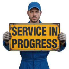 Man holding service in progress sign aloft on transparent background