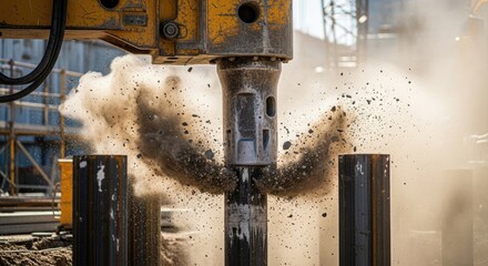 A drilling machine is drilling into a rock formation, creating a hole in the ground.