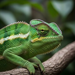 Obraz premium Incredible wildlife portrait of a colorful green chameleon perched on a wooden branch with a soft focus background