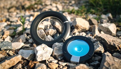 Modern Circular Objects on Rocky Ground with Blue Light