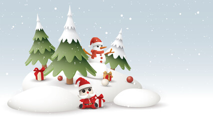 3D cute pine forest and snowman with elements on snowdrift have snowfall in Christmas eve graphic illustration.