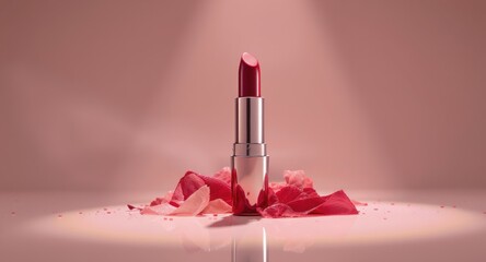 Elegant crimson lipstick, surrounded by rose petals,  on a soft pink backdrop