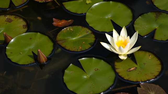 Leaves of lilies and caltrops on the water