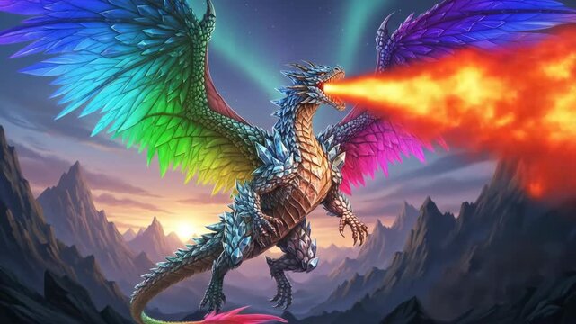 Fantasy dragon with rainbow wings, fire, and mountain backdrop.