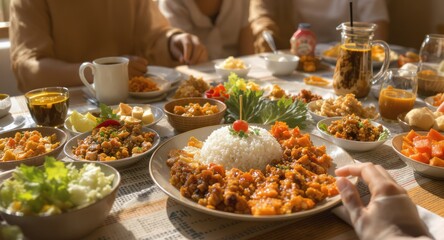 Obraz premium Family meal, various dishes, sunlight