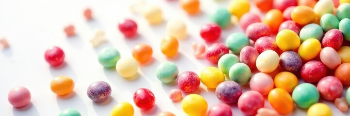 Assortment of vibrant jellybeans, gumdrops, and hard candies scattered on pure white , blue, jellybeans, colorful background