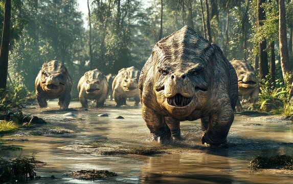 A herd of Lystrosaurus carefully navigate the shallow, meandering streams that thread through the lush, verdant landscape, their unique physiology allowing them to traverse the aquatic obstacles