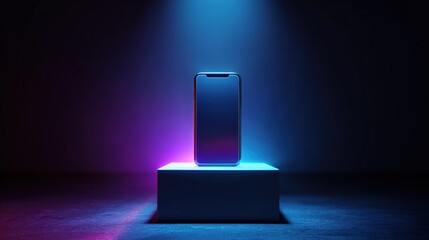 Smartphone Displayed on Glowing Neon Podium