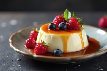 Caramel sauce drizzled over panna cotta with fresh berries , dessert, dessert plate