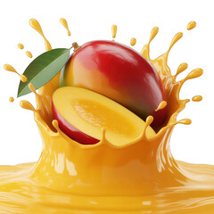 Mango fruit splashing into fresh juice drink on transparent background