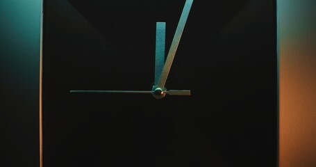 Close Up of Moving Clock Hands Showing Precise Time on Wall Clock with Futuristic Design. Modern...