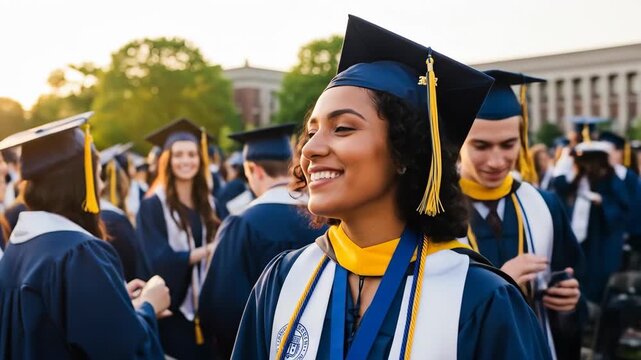 Graduate smiles among graduates during graduation day ceremony event