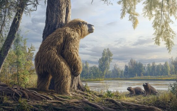 Alert megatherium stands guard by a tree near a serene river, with smaller ground sloths resting nearby, illustrating prehistoric family dynamics in a primeval setting