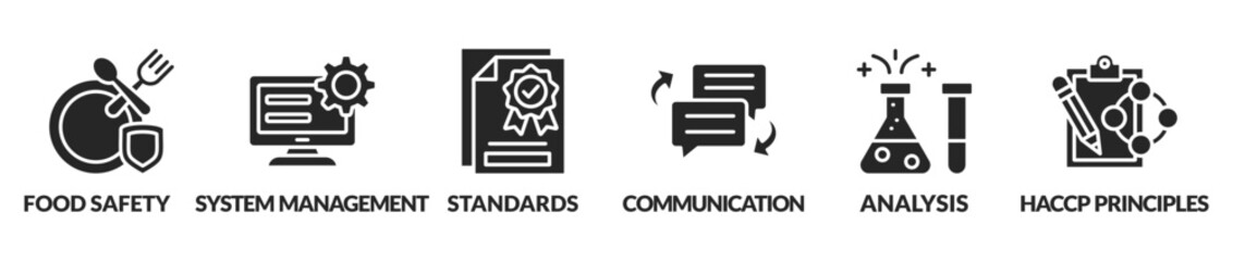 banner ISO 22000 food safety concept. Vector illustration with keywords and icons