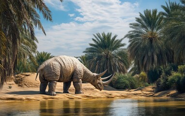 Fototapeta premium A massive Paraceratherium, an ancient rhinoceros-like creature, stands tall and vigilant in the lush, palm-filled oasis, its piercing gaze scanning the serene landscape