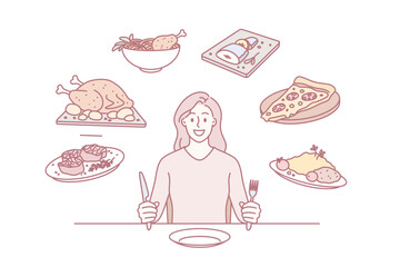 Food and nutriment choice concept. Young smiling woman cartoon character sitting at table ready to eat and choose between various calorie dishes vector illustration