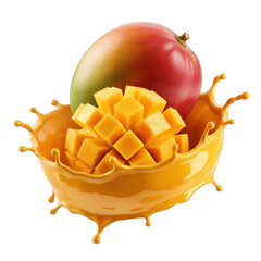 Fresh mango with juice splash on black backdrop on transparent background
