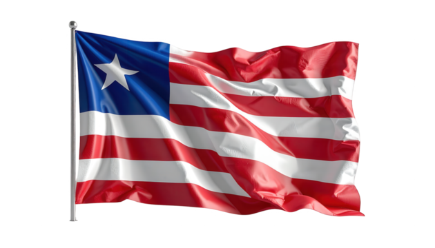 A detailed rendering of the Liberian flag, billowing in the wind against a black background.
