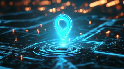 In a futuristic world advanced technology, a digital location pin navigates cyberspace, showcasing the integration of connectivity and data visualization in modern urban design and infrastructure - Powered by Adobe