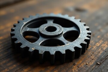 Industrial black gear cogwheel on wooden table, machinery element, machinery parts, mechanical