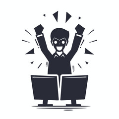 Monochrome silhouette shows a man cheering wildly behind his monitors, feeling very happy