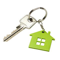 House keychain with keys and green house pendant on white or transparent background